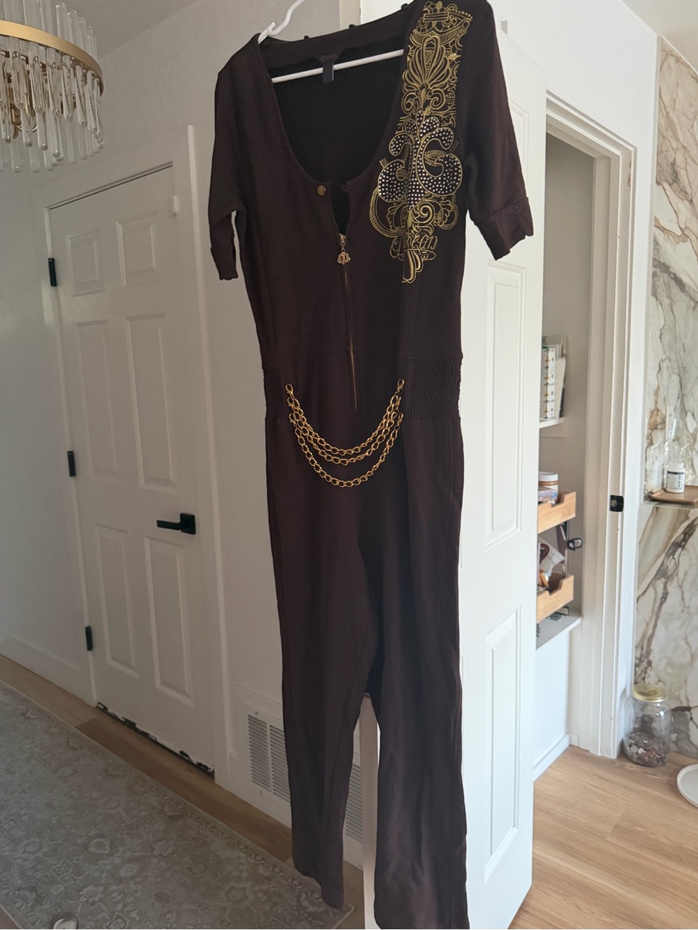 Vintage Y2K House of Dereon Brown Jumpsuit Gold Chain Embellished L